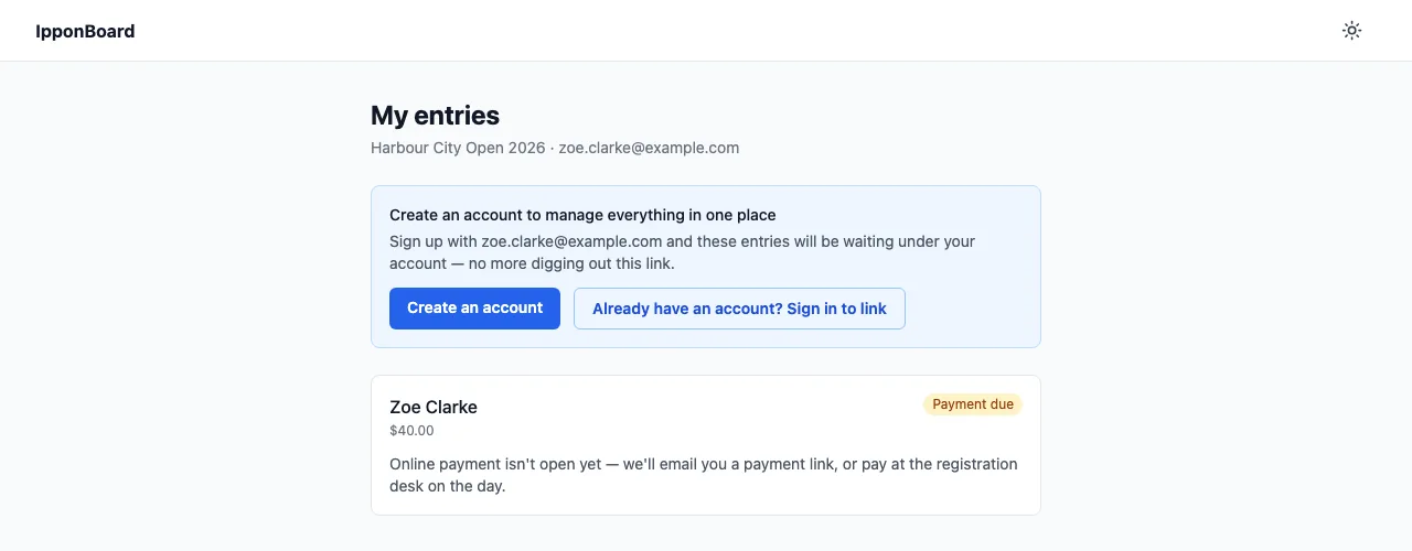 My entries: Create an account to manage everything in one place, and Zoe Clarke's entry, Payment due, $40.00