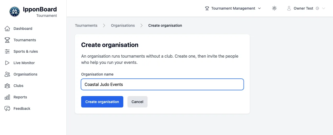 Create organisation: the Organisation name field filled with Coastal Judo Events