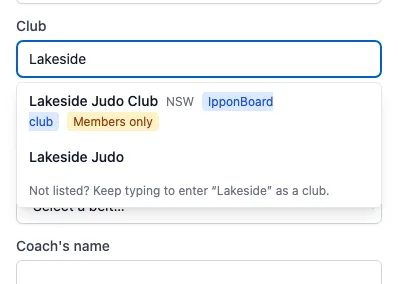 The entry form's Club box with Lakeside typed: Lakeside Judo Club, NSW, IpponBoard club, Members only; Lakeside Judo; and Not listed? Keep typing to enter Lakeside as a club