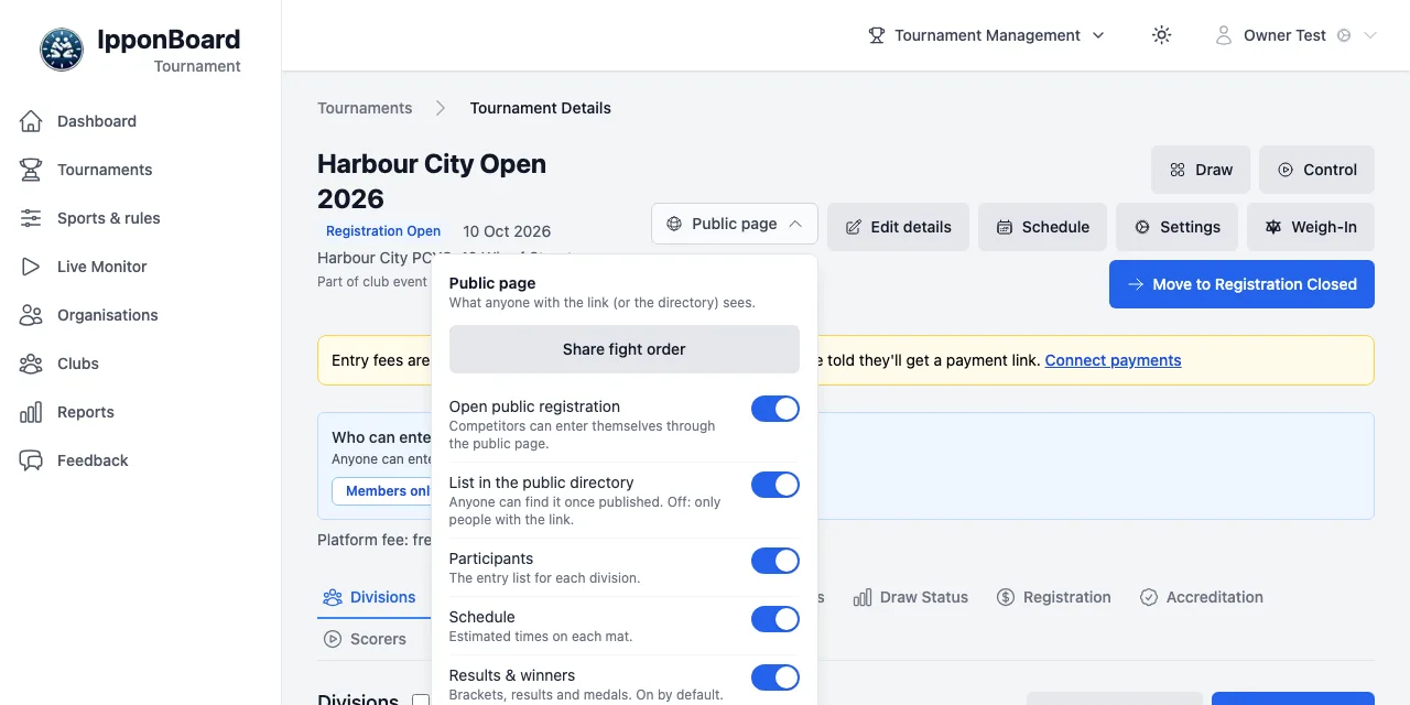 The Public page menu, open under the tournament's header: Share fight order, and the switches Open public registration, List in the public directory, Participants, Schedule, and Results & winners (Brackets, results and medals. On by default.)