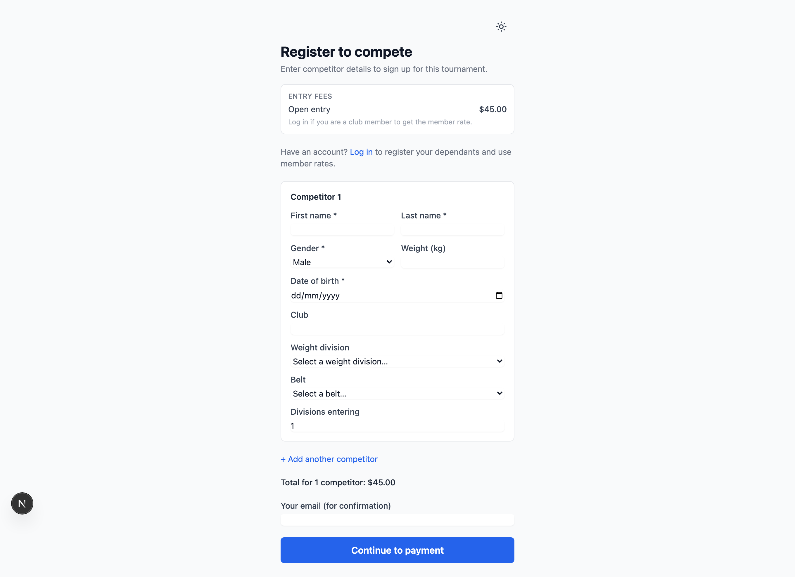 The public registration form showing the entry fee, competitor details, and an email field for confirmation