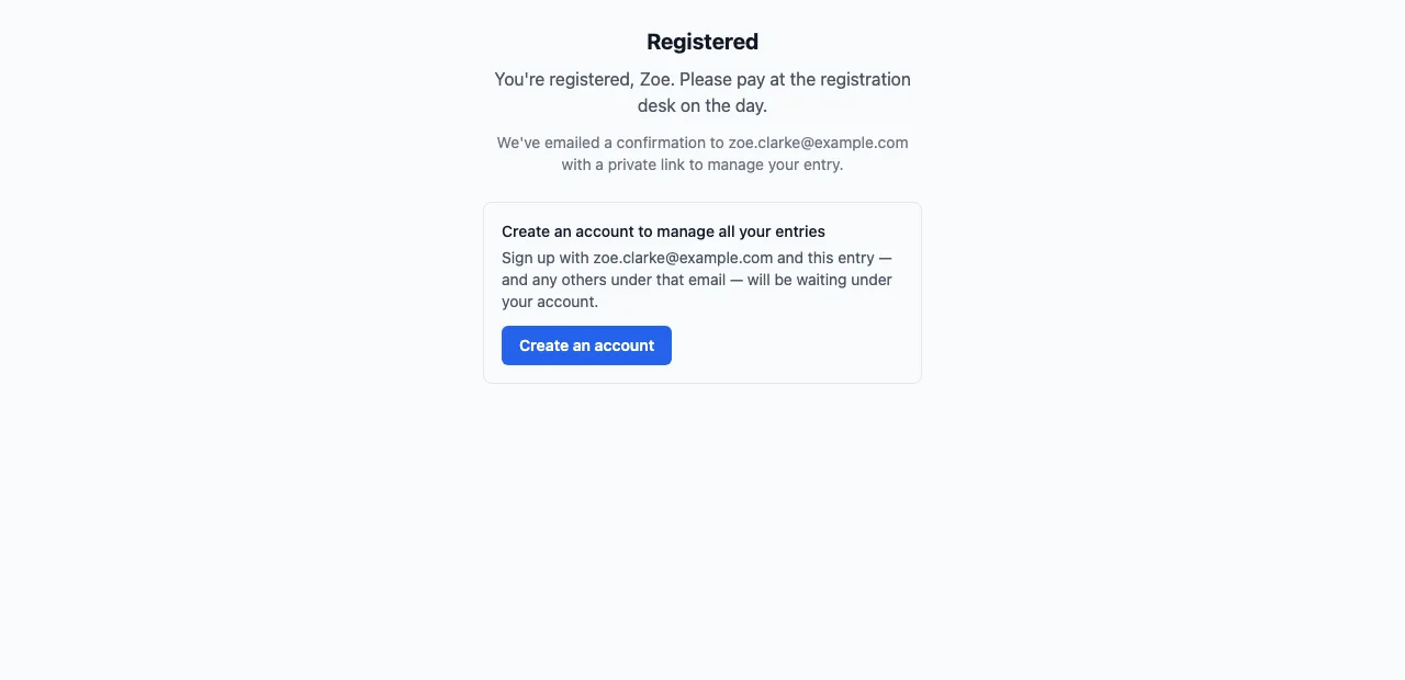 The confirmation after registering, with Create an account