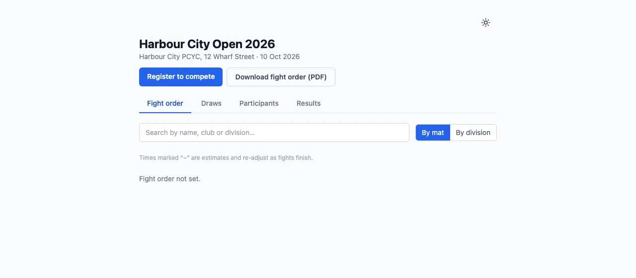 The tournament's public page: name, place and date, Register to compete, Download fight order (PDF), and the Fight order, Draws, Participants and Results tabs