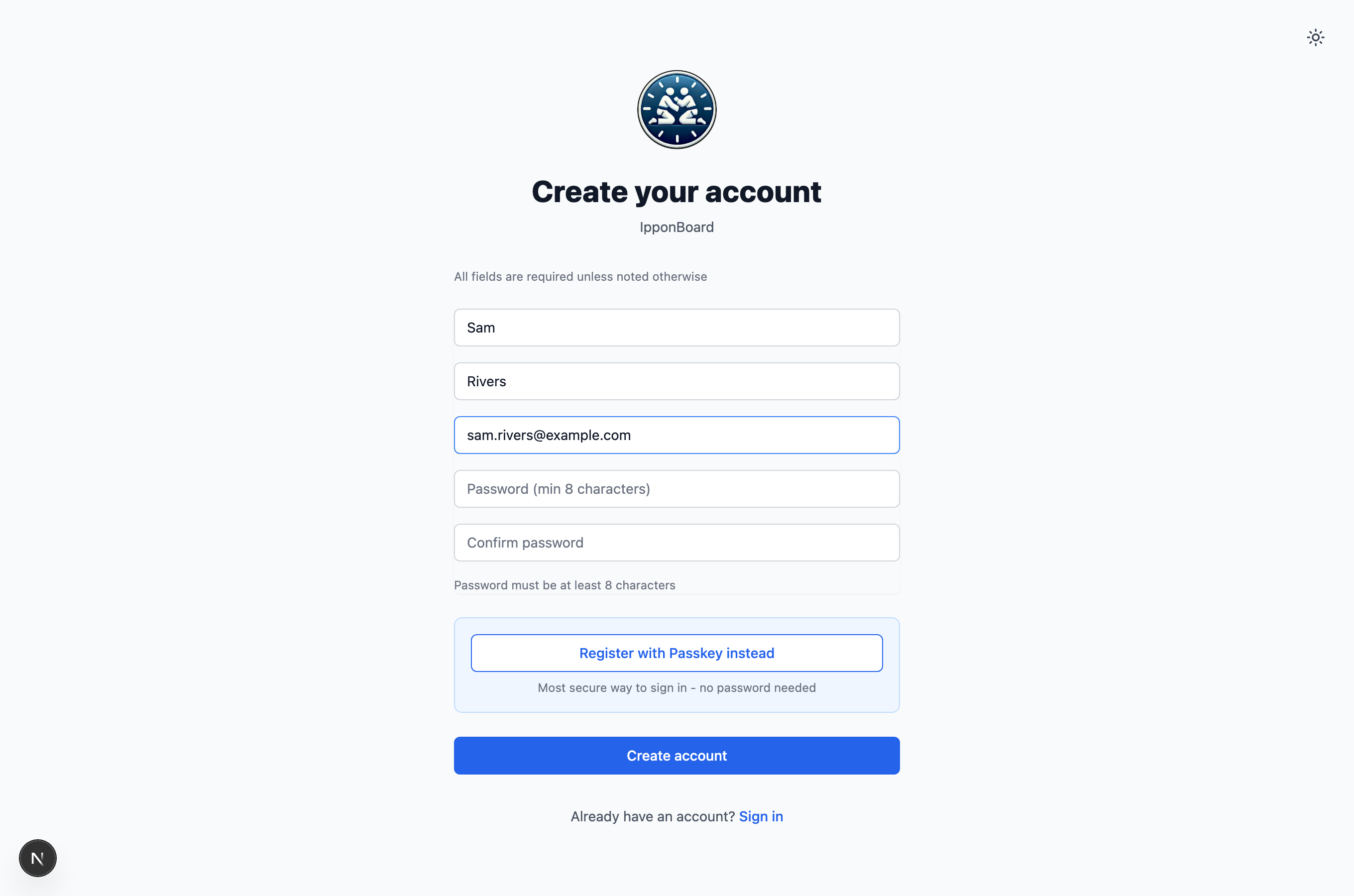 The create-account form with name, email, and password fields