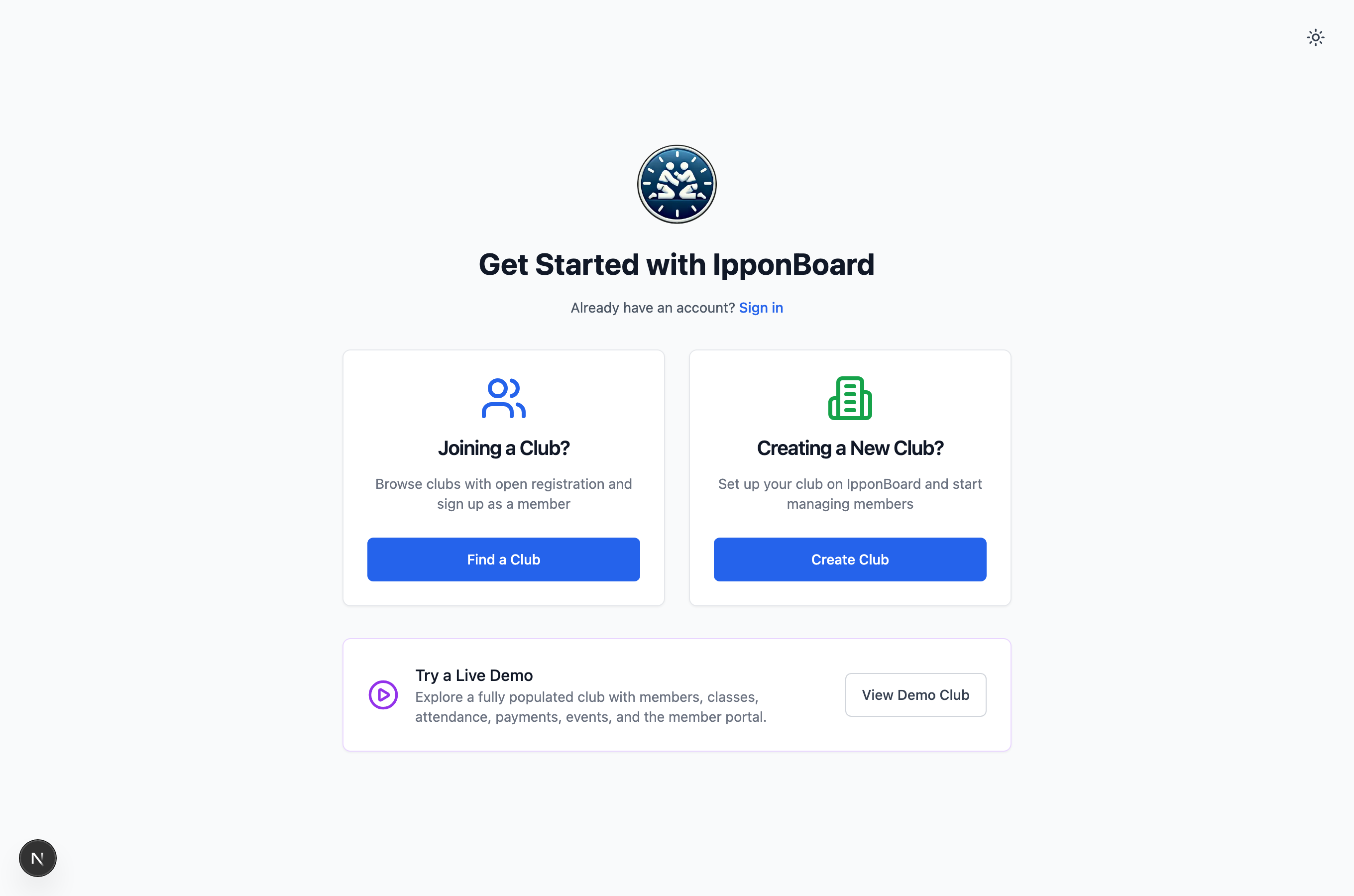The Get Started screen with Find a Club, Create Club, and Create Account options