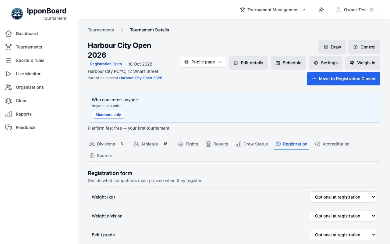 The Registration tab under the tournament's header: Registration form with Weight (kg), Weight division and Belt / grade, each Optional at registration
