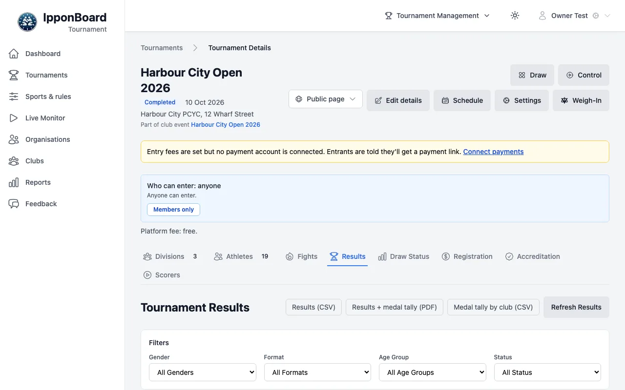 The Results tab of a Completed tournament: Tournament Results with Results (CSV), Results + medal tally (PDF), Medal tally by club (CSV) and Refresh Results, and the filters