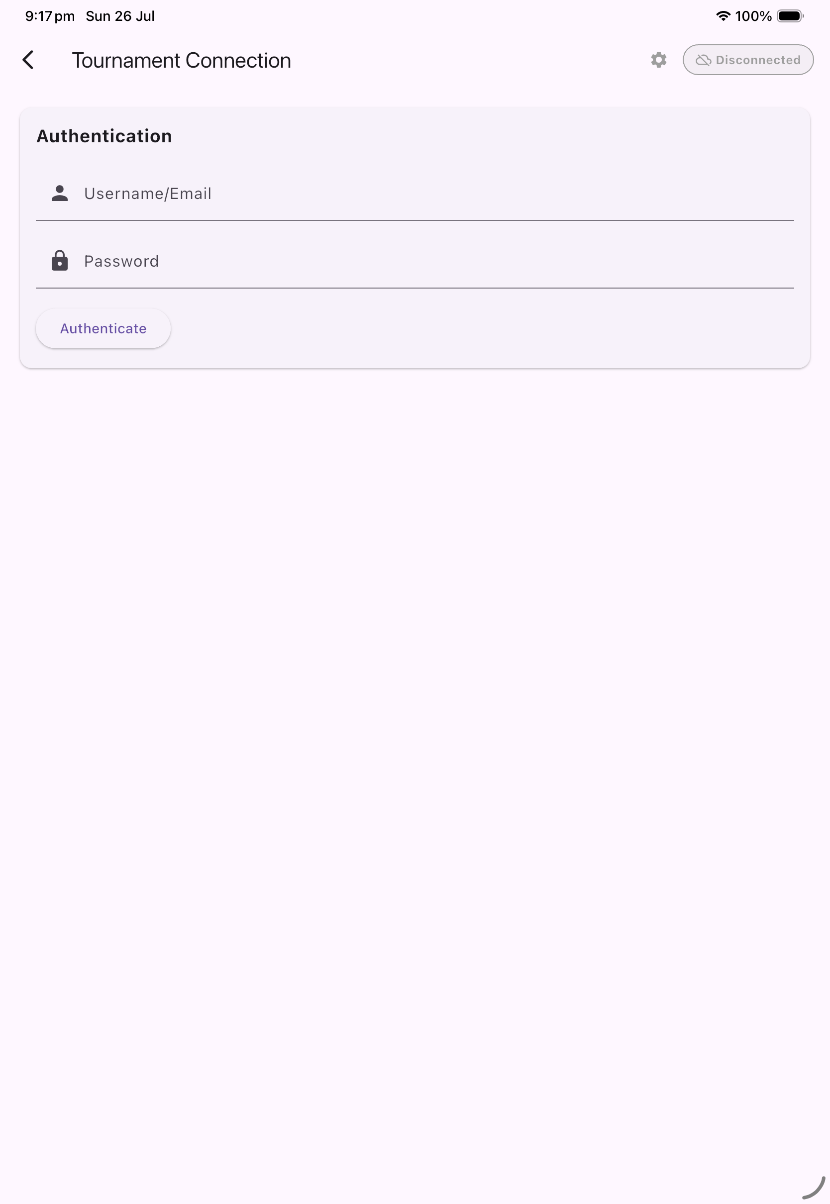 The scoreboard app's Tournament Connection screen with Username/Email, Password, and Authenticate