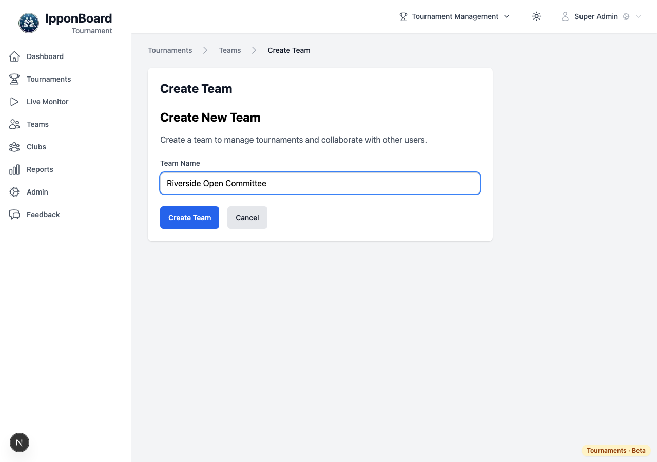 The Create Team form with a single Team Name field