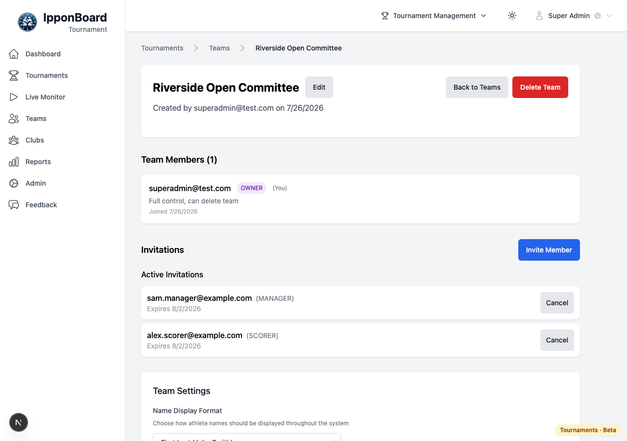 A team page showing the owner, pending invitations with their roles, and the Invite Member button