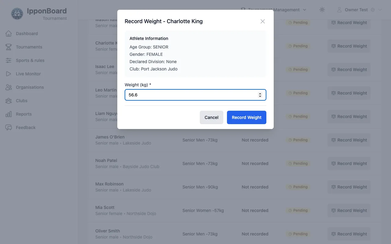 The Weigh-In page with the Record Weight window open for Charlotte King