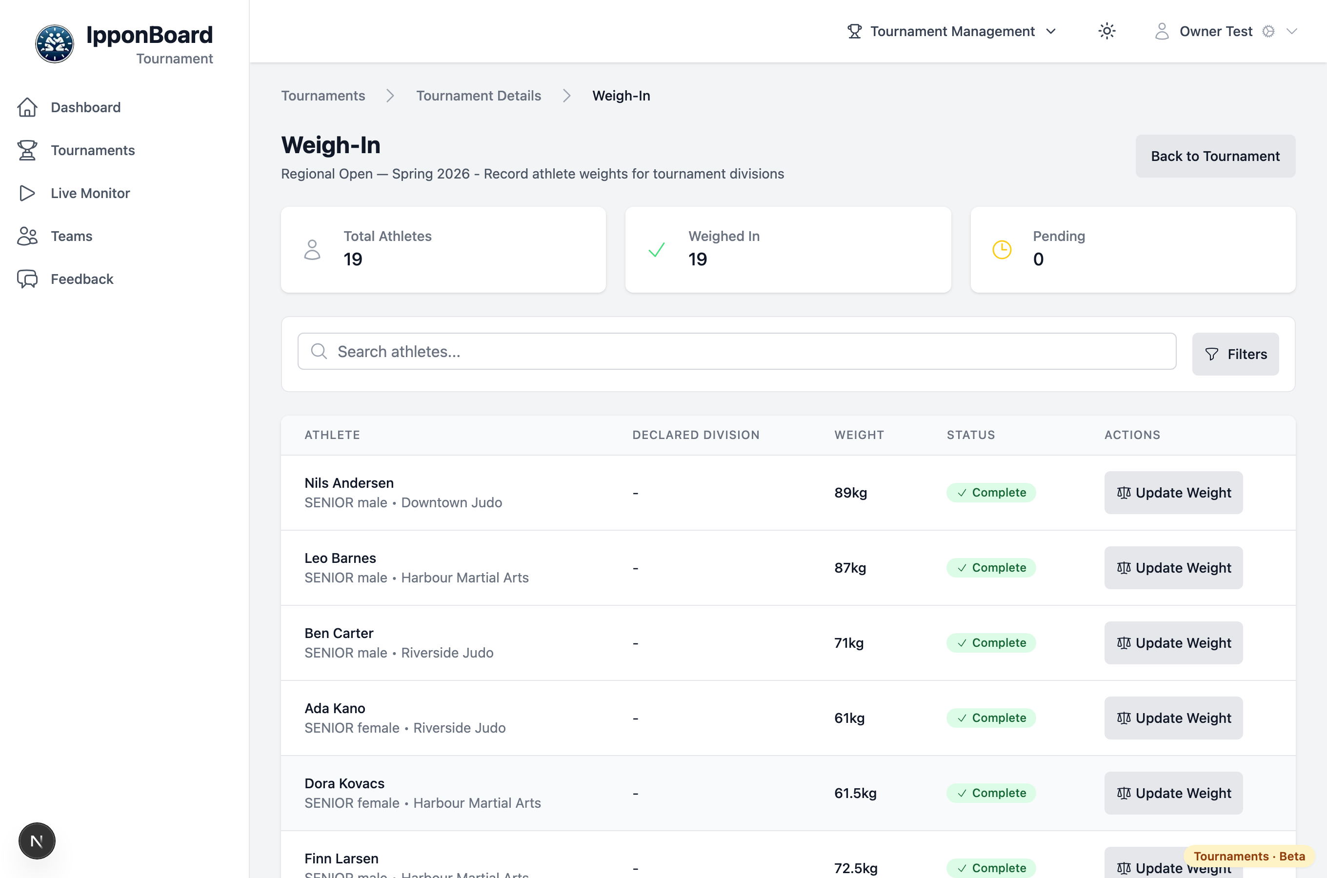 The weigh-in screen listing competitors with weight and status filters