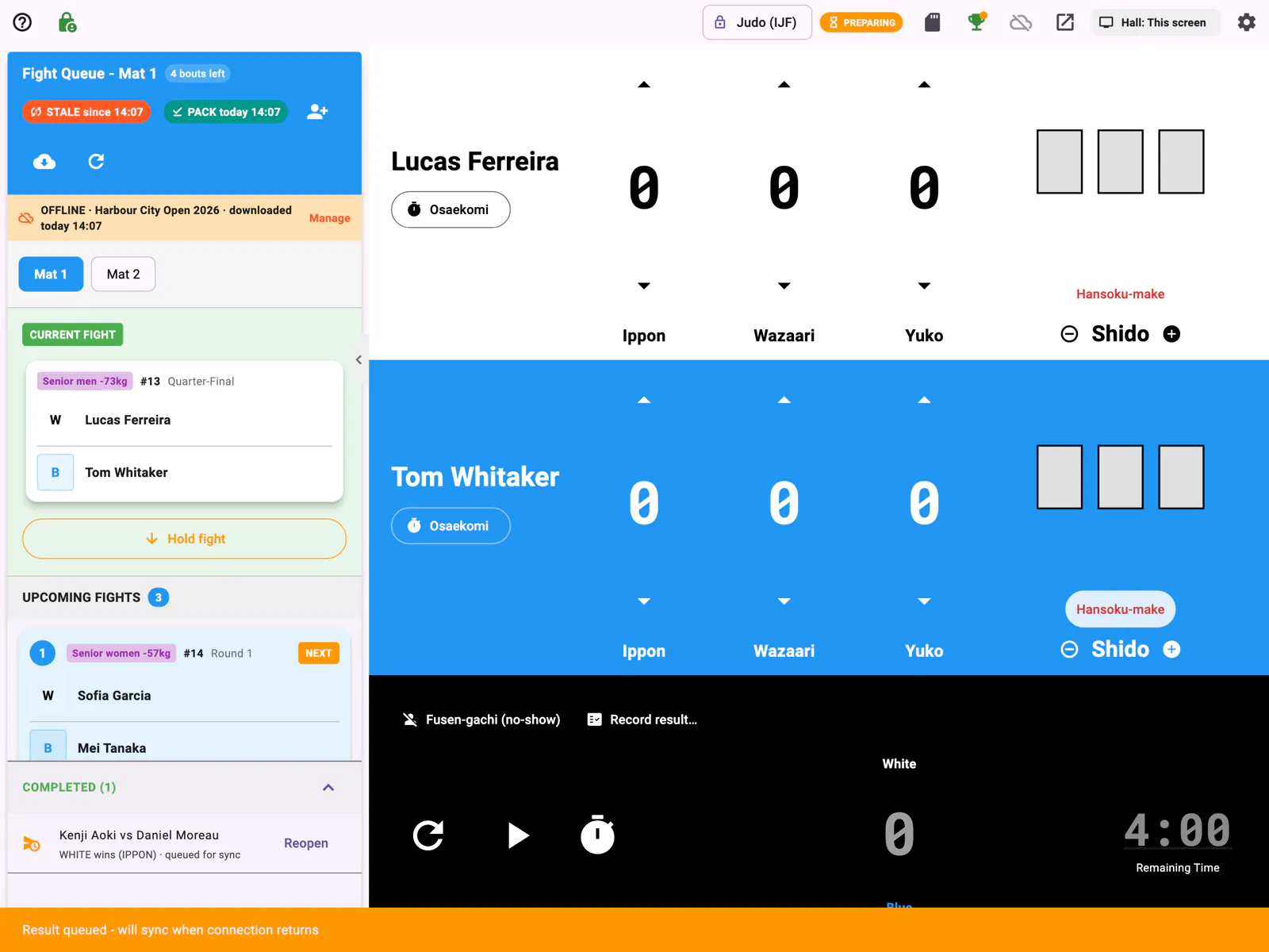 The board offline: an OFFLINE banner in the queue, the next bout loaded, a completed bout marked queued for sync, and Result queued - will sync when connection returns at the bottom