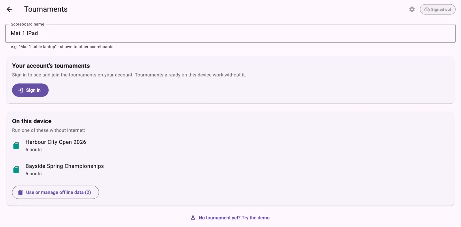 The Tournaments screen: On this device lists two downloaded tournaments, with Use or manage offline data (2)