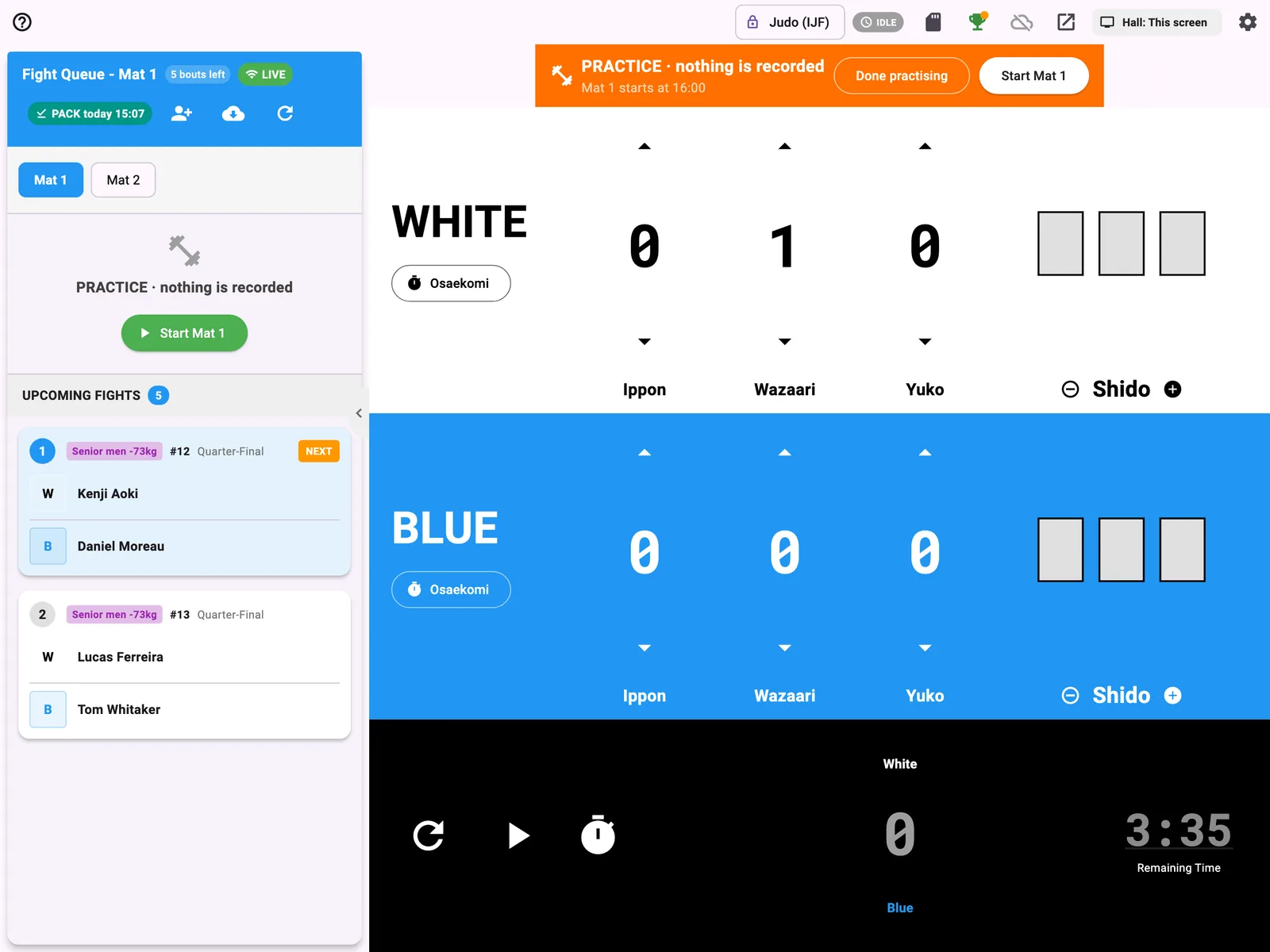 The board in practice mode: PRACTICE · nothing is recorded, with Done practising