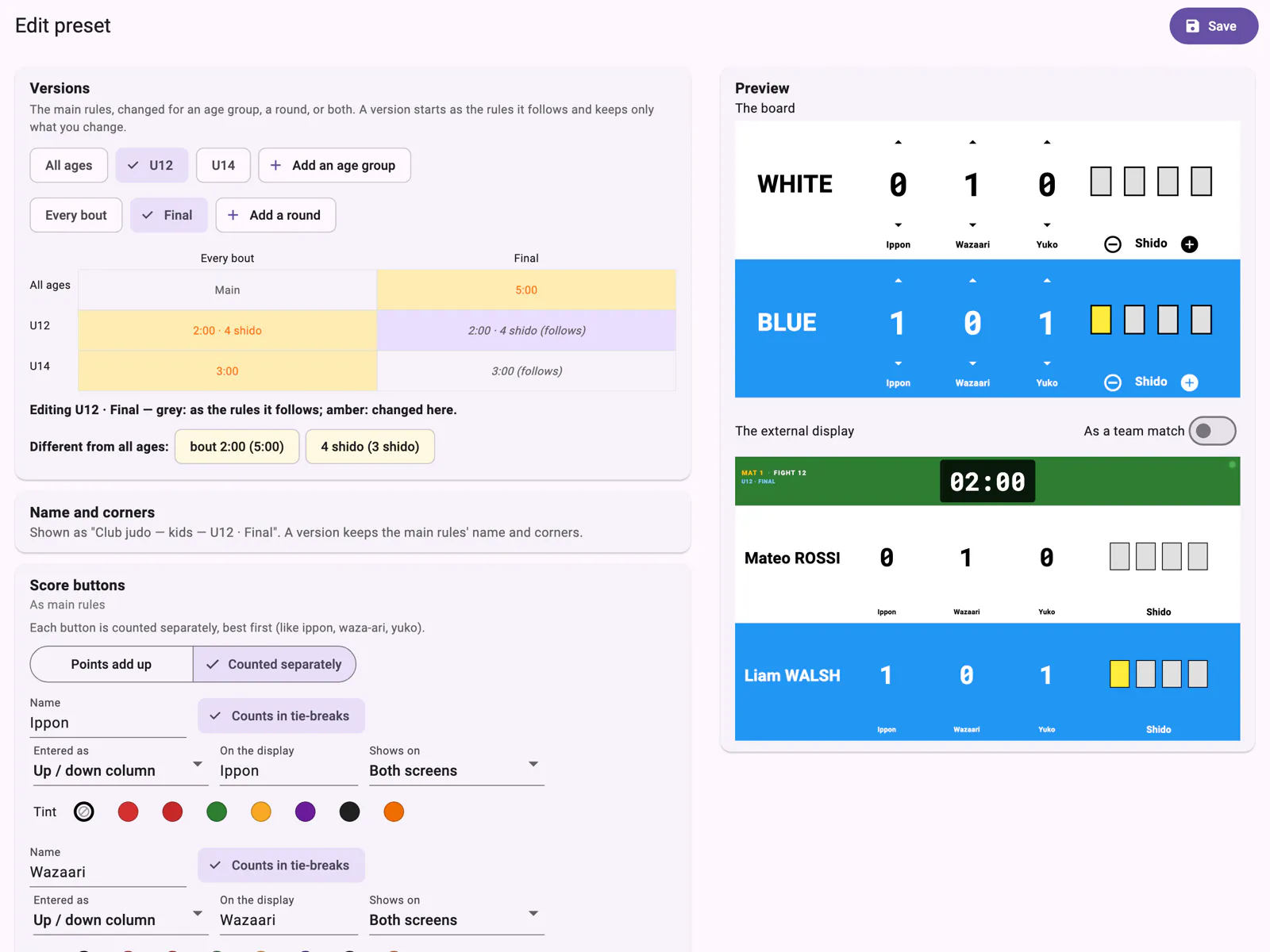 Editing a preset: the Versions grid with U12 and U14 rows and a Final column, score buttons, and a live preview of the board and the external display
