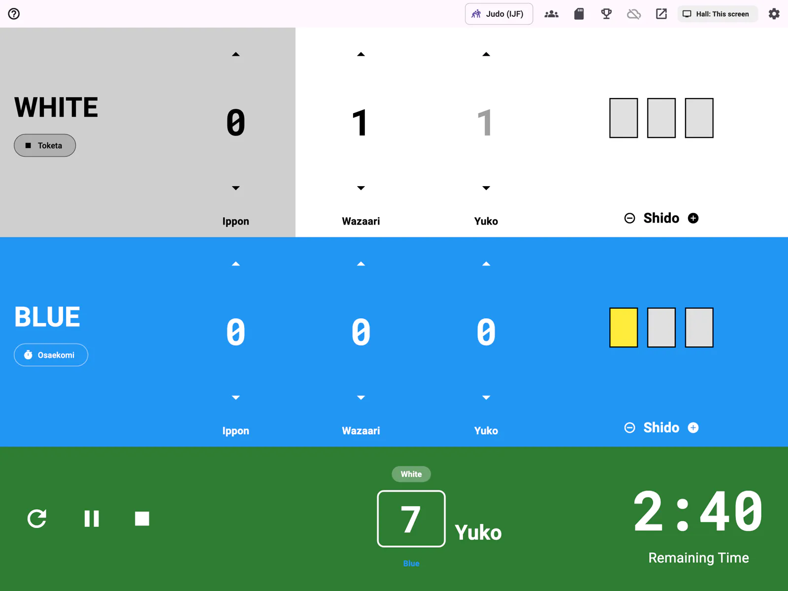 The IpponBoard scoreboard: White and Blue rows with Ippon, Wazaari and Yuko columns, shido cards, and the green clock bar