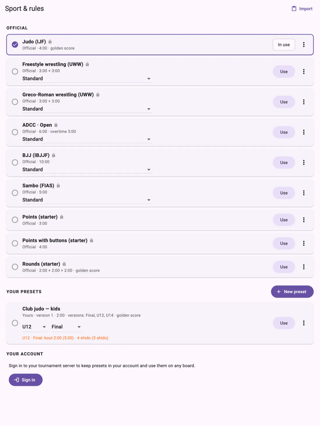 The Sport & rules screen: official rules with Use buttons, a preset under Your presets, and a Sign in button under Your account