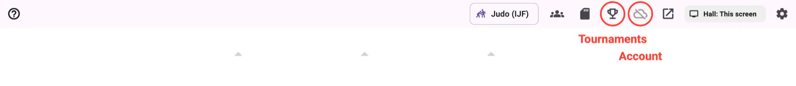 The scoreboard's top bar with the trophy (Tournaments) and the cloud (Account) buttons ringed