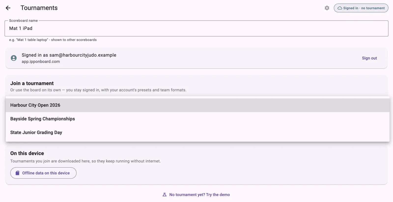 The Tournaments screen signed in: the Select Tournament list open with three tournaments