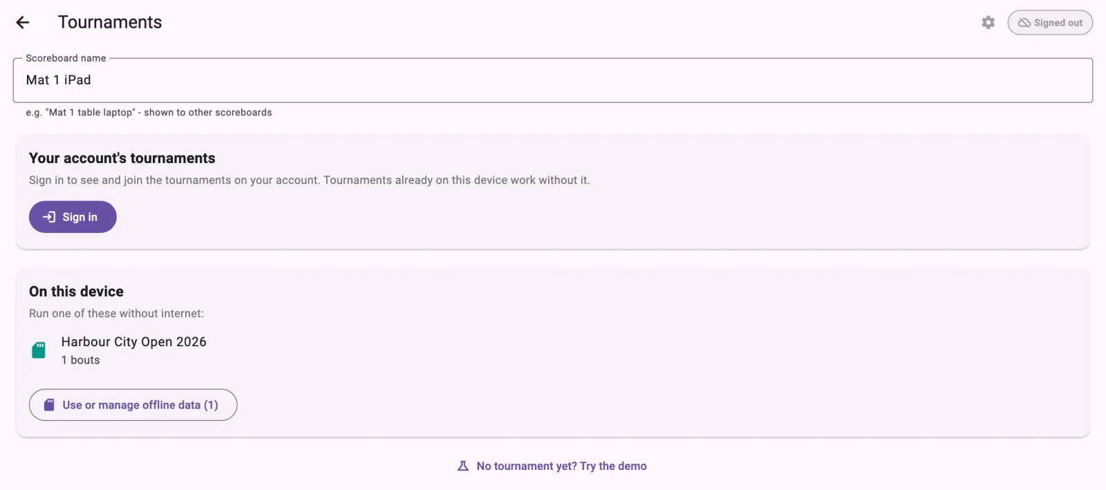 The Tournaments screen signed out, with No tournament yet? Try the demo at the bottom